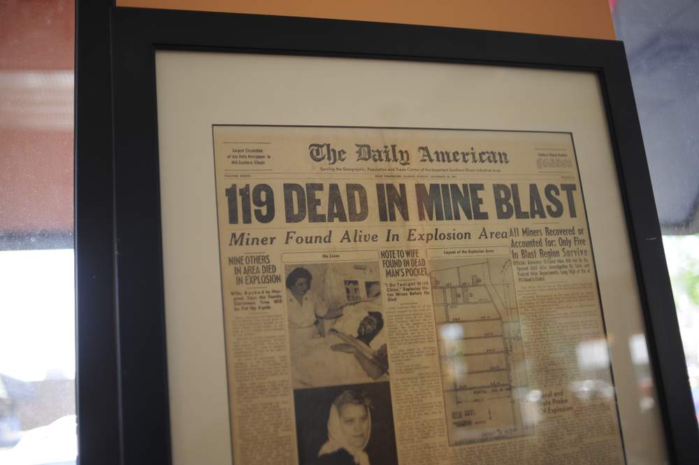 A newspaper posted in the Dixie Cream Donut shop memorializes a 1951 mine disaster.